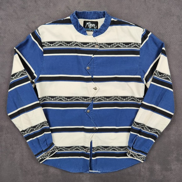 Roper Rodeo Blue Tops - Vintage Roper Western Shirt Womens 11 Striped Band Collar Button Up 90s USA Made